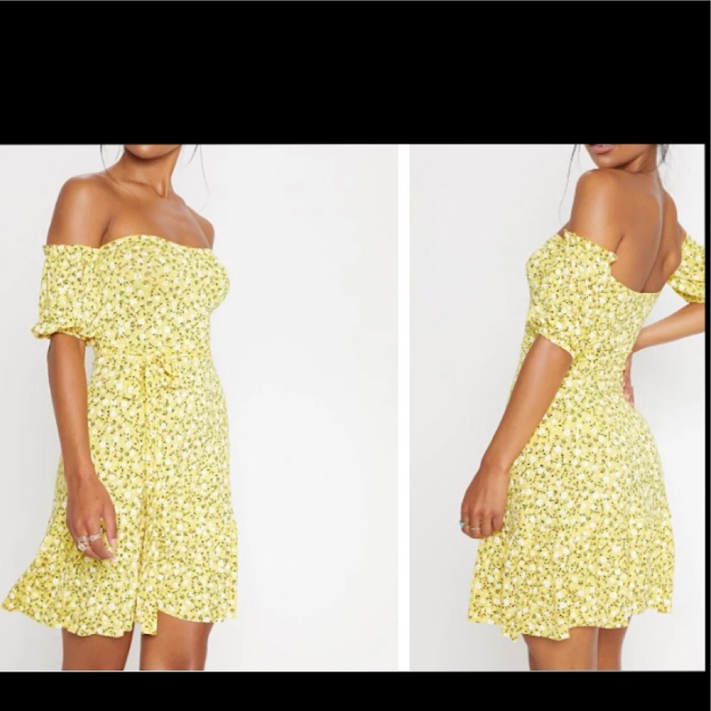 Yellow Print Frill Hem Skater Dress